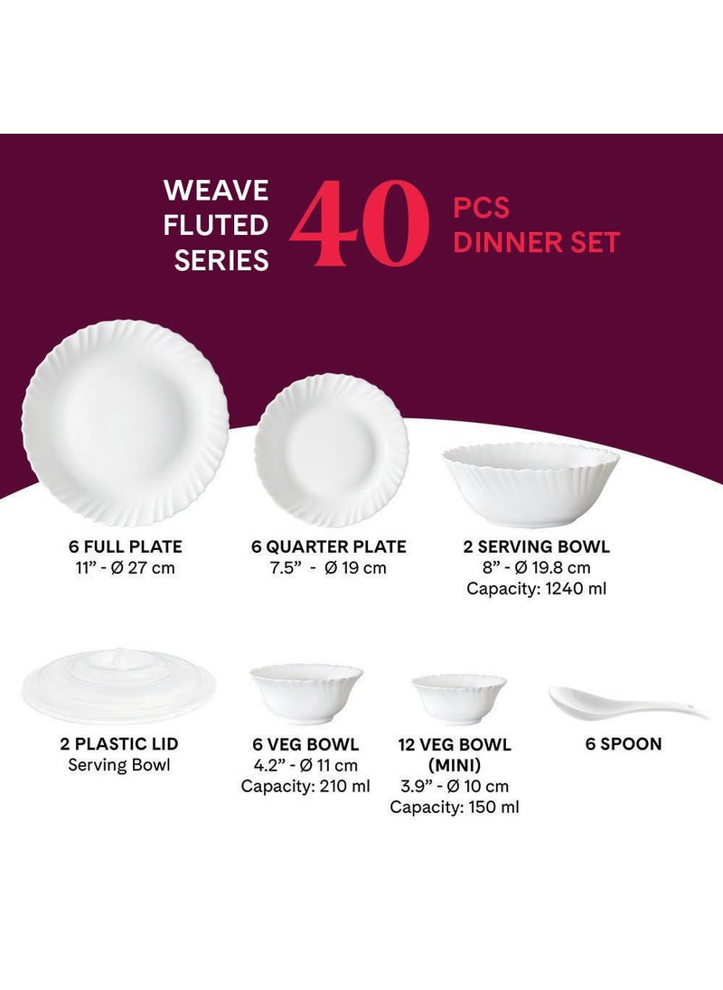Larah by Borosil Weave Fluted Series Opalware Dinner Set | 40 Pieces for Family of 6 | Microwave & Dishwasher Safe | Bone-Ash Free | Crockery Set for Dining & Gifting | Plates & Bowls | White
