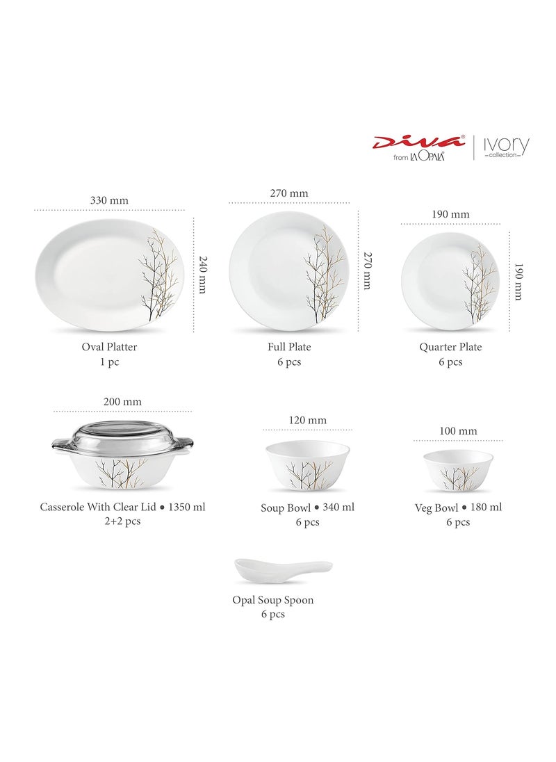 La Opala Diva, Ivory Collection, Opal Glass Dinner Set 35 pcs, Golden Fall, White