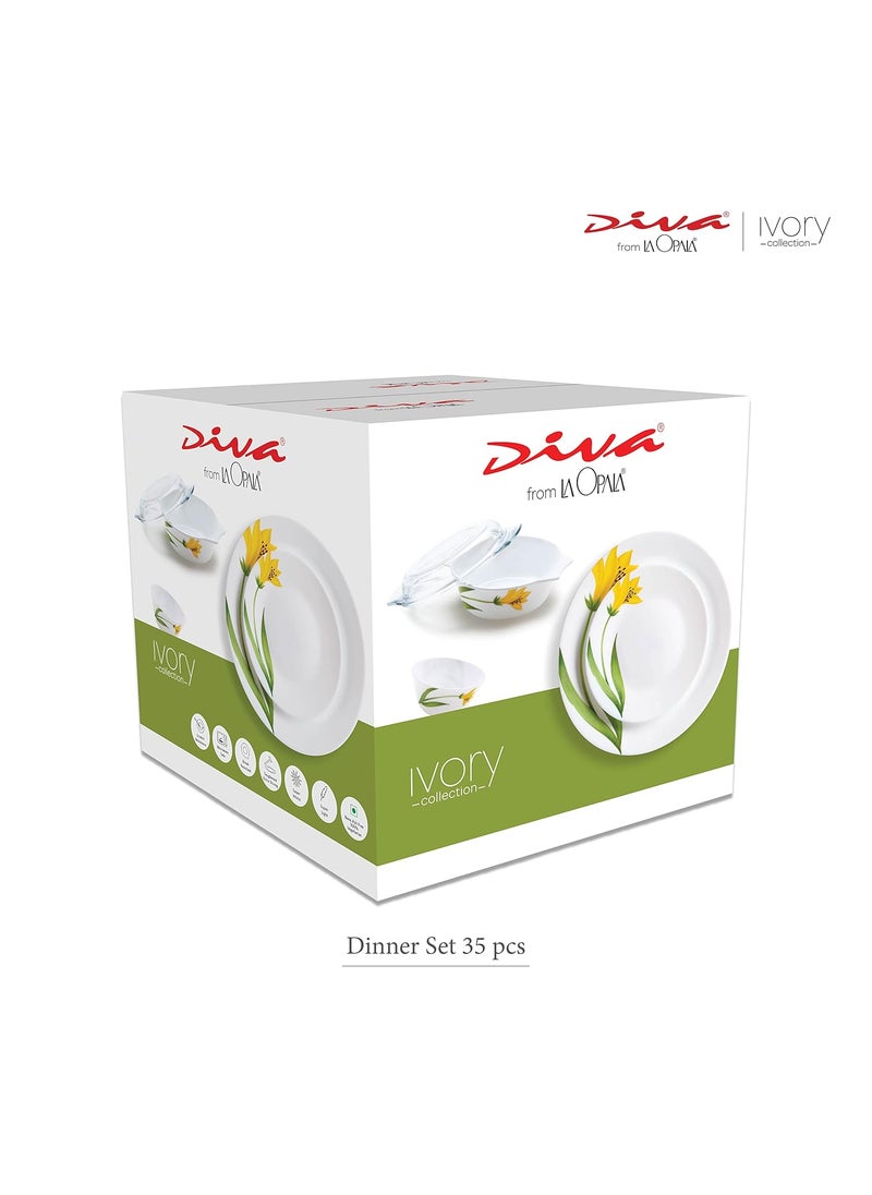 La Opala Diva, Ivory Collection, Opal Glass Dinner Set 35 pcs, Golden Fall, White