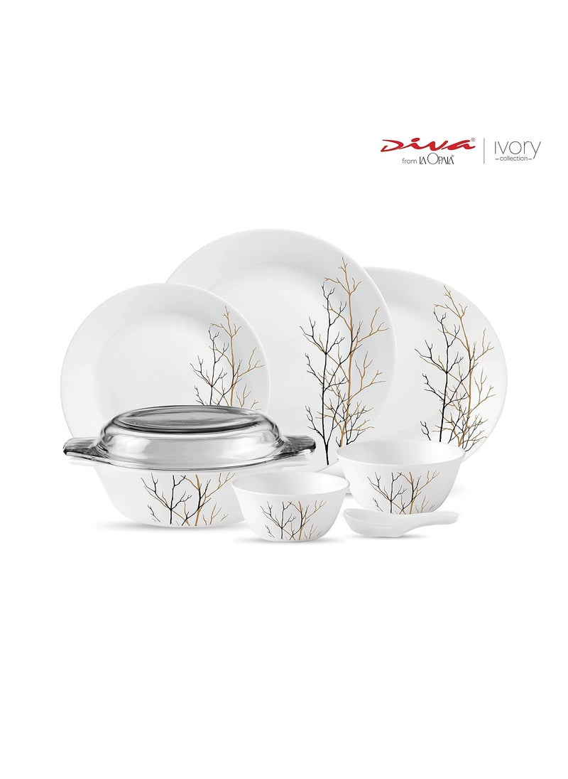 La Opala Diva, Ivory Collection, Opal Glass Dinner Set 35 pcs, Golden Fall, White