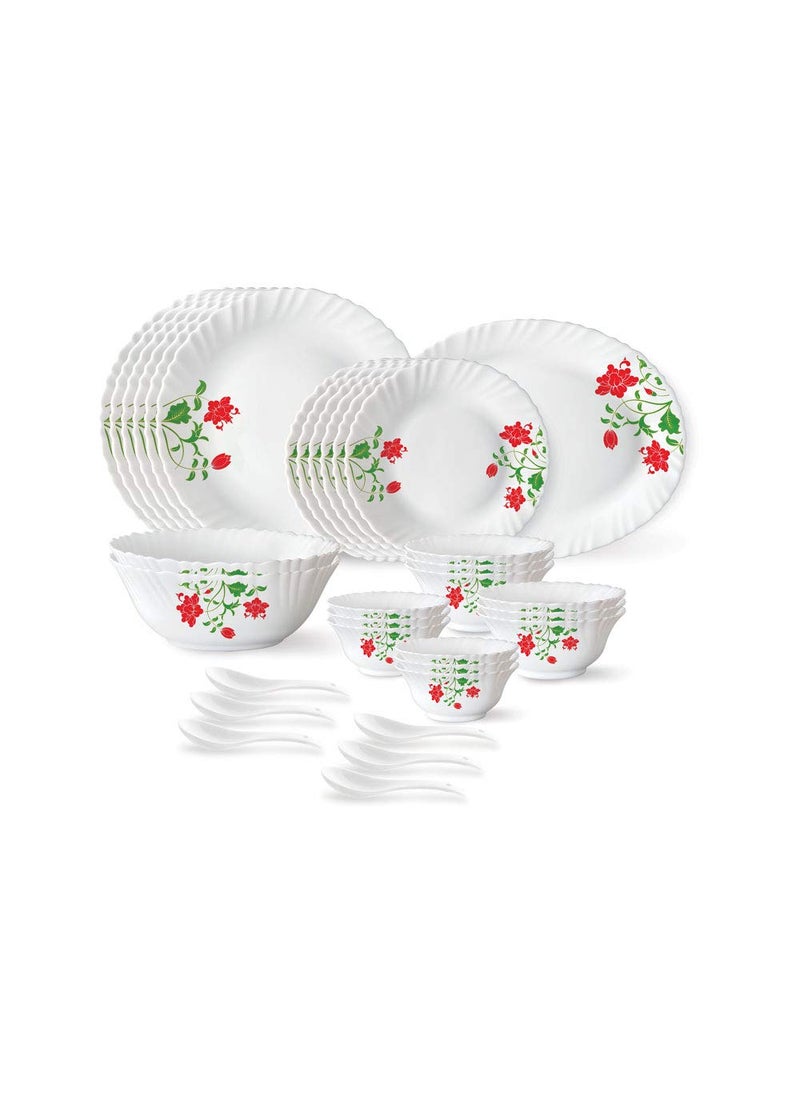 Larah by Borosil Hazel Fluted Series Opalware Dinner Set | 33 Pieces for Family of 6 | Microwave & Dishwasher Safe | Bone-Ash Free | Crockery Set for Dining & Gifting | Plates & Bowls | White