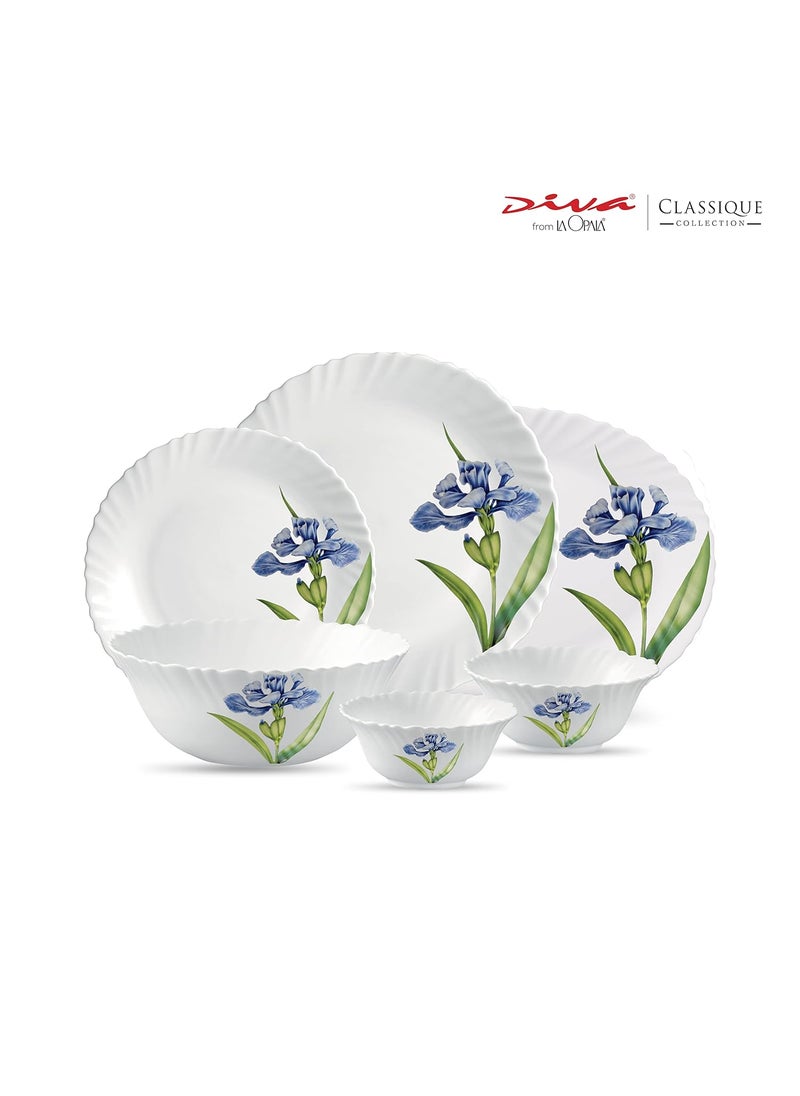 La Opala Diva Classique Collection Opal Glass Crockery | for Family of 6 | Dinner Set 27 pcs Royal Iris | Plates & Bowls for Dining | Microwave Safe | 100% Vegetarian | Extra Strong | White