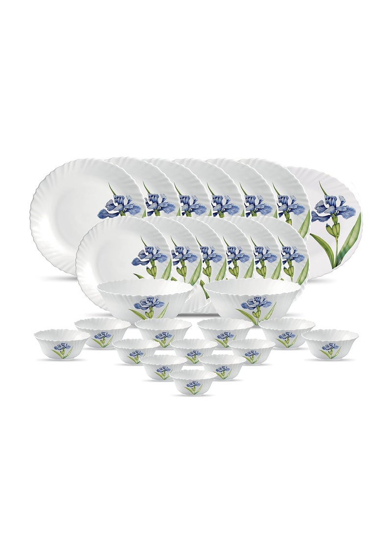 La Opala Diva Classique Collection Opal Glass Crockery | for Family of 6 | Dinner Set 27 pcs Royal Iris | Plates & Bowls for Dining | Microwave Safe | 100% Vegetarian | Extra Strong | White