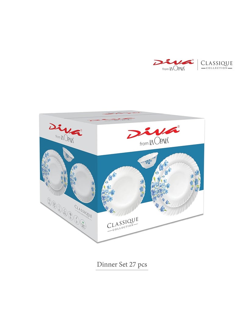 La Opala Diva Classique Collection Opal Glass Crockery | for Family of 6 | Dinner Set 27 pcs Royal Iris | Plates & Bowls for Dining | Microwave Safe | 100% Vegetarian | Extra Strong | White