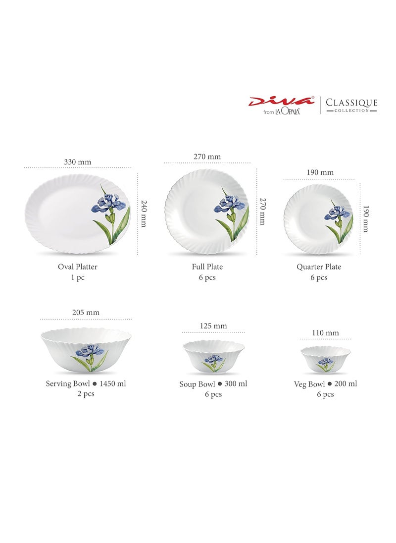 La Opala Diva Classique Collection Opal Glass Crockery | for Family of 6 | Dinner Set 27 pcs Royal Iris | Plates & Bowls for Dining | Microwave Safe | 100% Vegetarian | Extra Strong | White