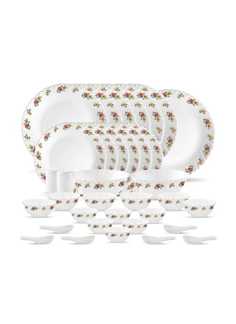 La Opala Novo Collection Opal Glass Crockery | for Family of 6 | Dinner Set 35 pcs Petite Roses | Plates & Bowls for Dining | Microwave Safe | 100% Vegetarian | Extra Strong | Light & White