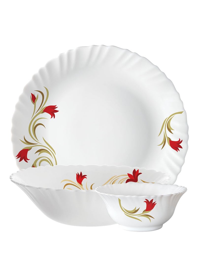 Larah by Borosil Fluted Series Red Lily Opalware Dinner Set | 14 Piece for Family of 4 | Microwave & Dishwasher Safe | Bone-Ash Free | Crockery Set for Dining & Gifting | Plates & Bowls | White