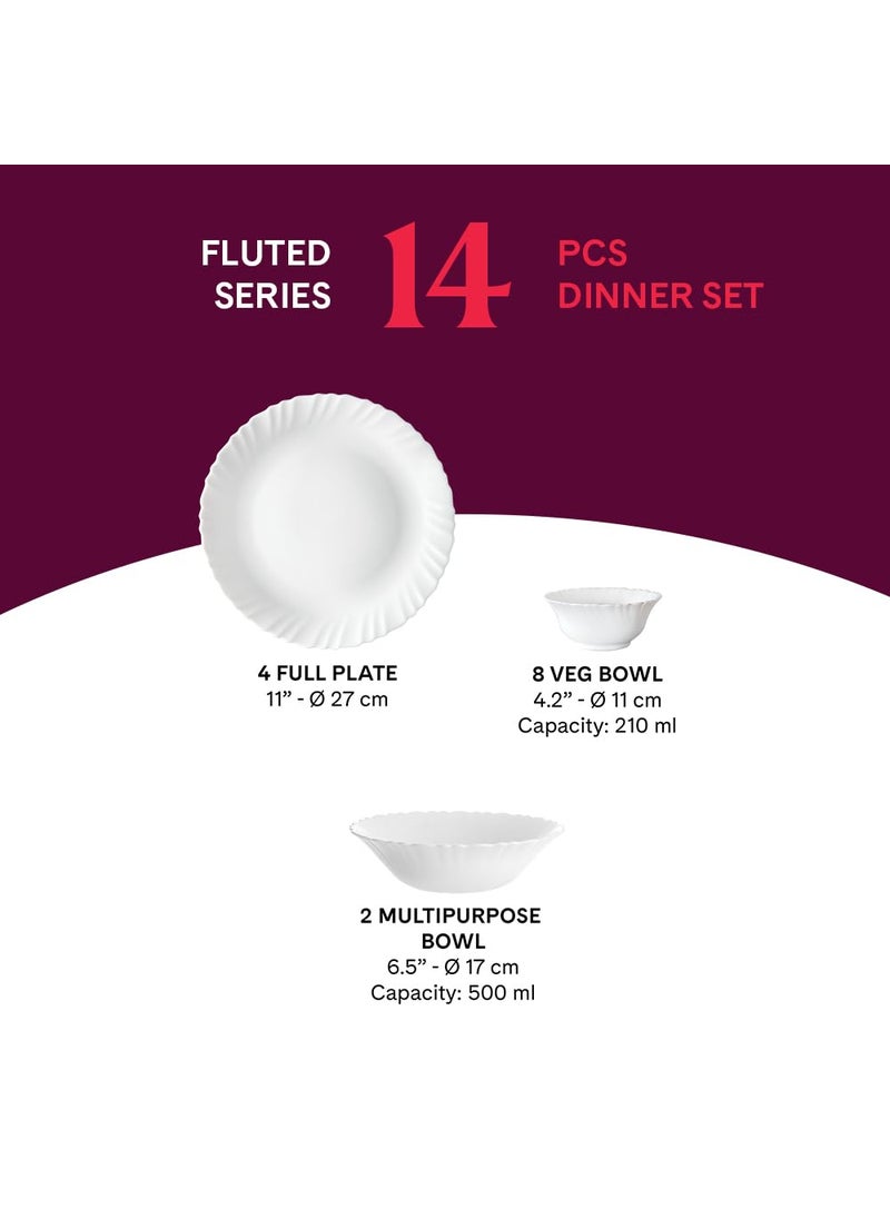 Larah by Borosil Fluted Series Red Lily Opalware Dinner Set | 14 Piece for Family of 4 | Microwave & Dishwasher Safe | Bone-Ash Free | Crockery Set for Dining & Gifting | Plates & Bowls | White