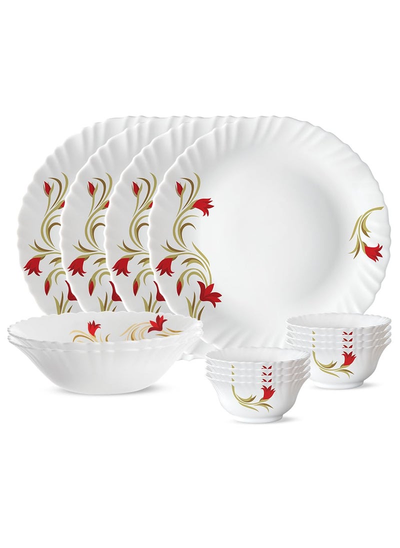 Larah by Borosil Fluted Series Red Lily Opalware Dinner Set | 14 Piece for Family of 4 | Microwave & Dishwasher Safe | Bone-Ash Free | Crockery Set for Dining & Gifting | Plates & Bowls | White