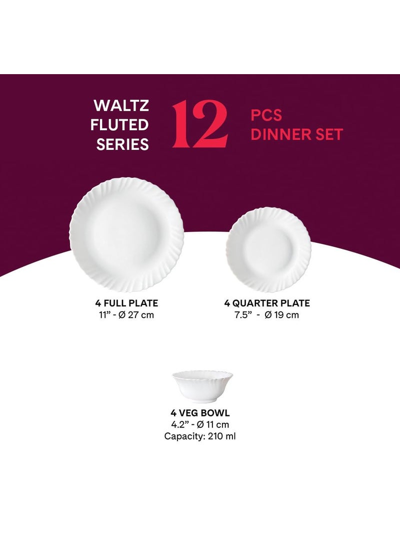 Larah by Borosil Waltz Fluted Series Opalware Dinner Set | 12 Pieces for Family of 4 | Microwave & Dishwasher Safe | Bone-Ash Free | Crockery Set for Dining & Gifting | Plates & Bowls | White