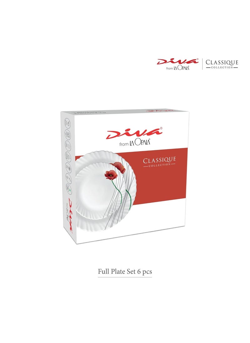 La Opala Diva Classique Collection Opal Glass Crockery | Full Plate Set of 6 | Citron Weave Design | for Dining & Gifting | Microwave Safe | 100% Vegetarian | Extra Strong | Super Light & White