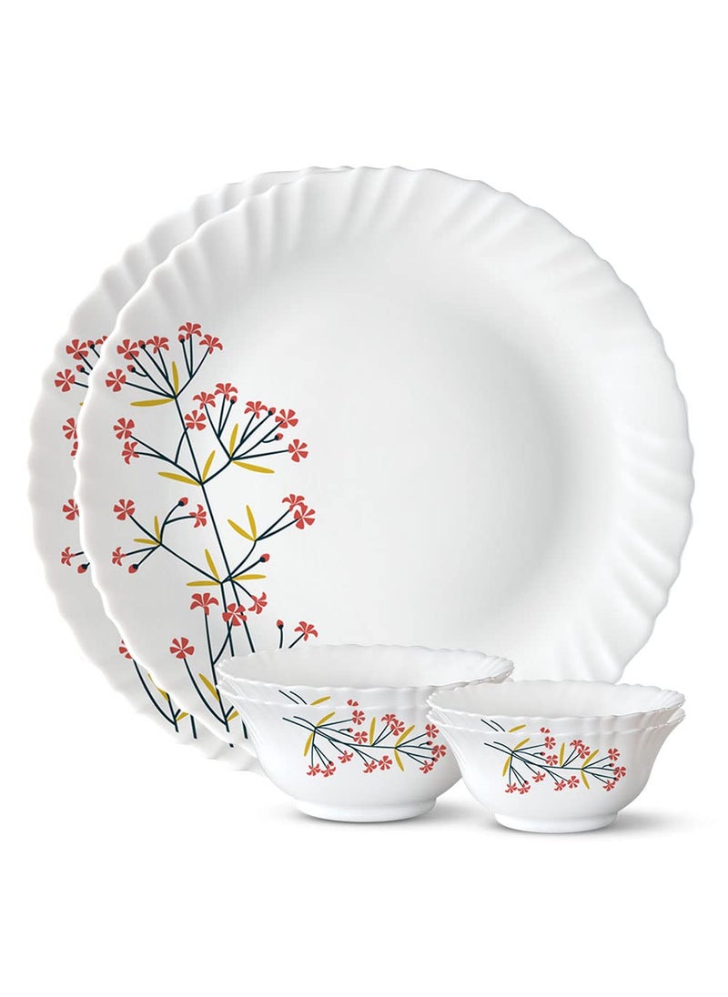 Larah by Borosil Red Bud Silk Series Opalware Dinner Set | 6 Pieces for Family of 2 | Microwave & Dishwasher Safe | Bone-Ash Free | Crockery Set for Dining & Gifting | Plates & Bowls | White