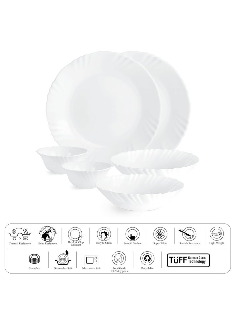 Cello Opalware Imperial Series Plain Dinner Set, 6Pcs | Opal Glass Dinner Set of 6 | Light-Weight, Daily Use Crockery Set for Dining | White Plate and Bowl Set
