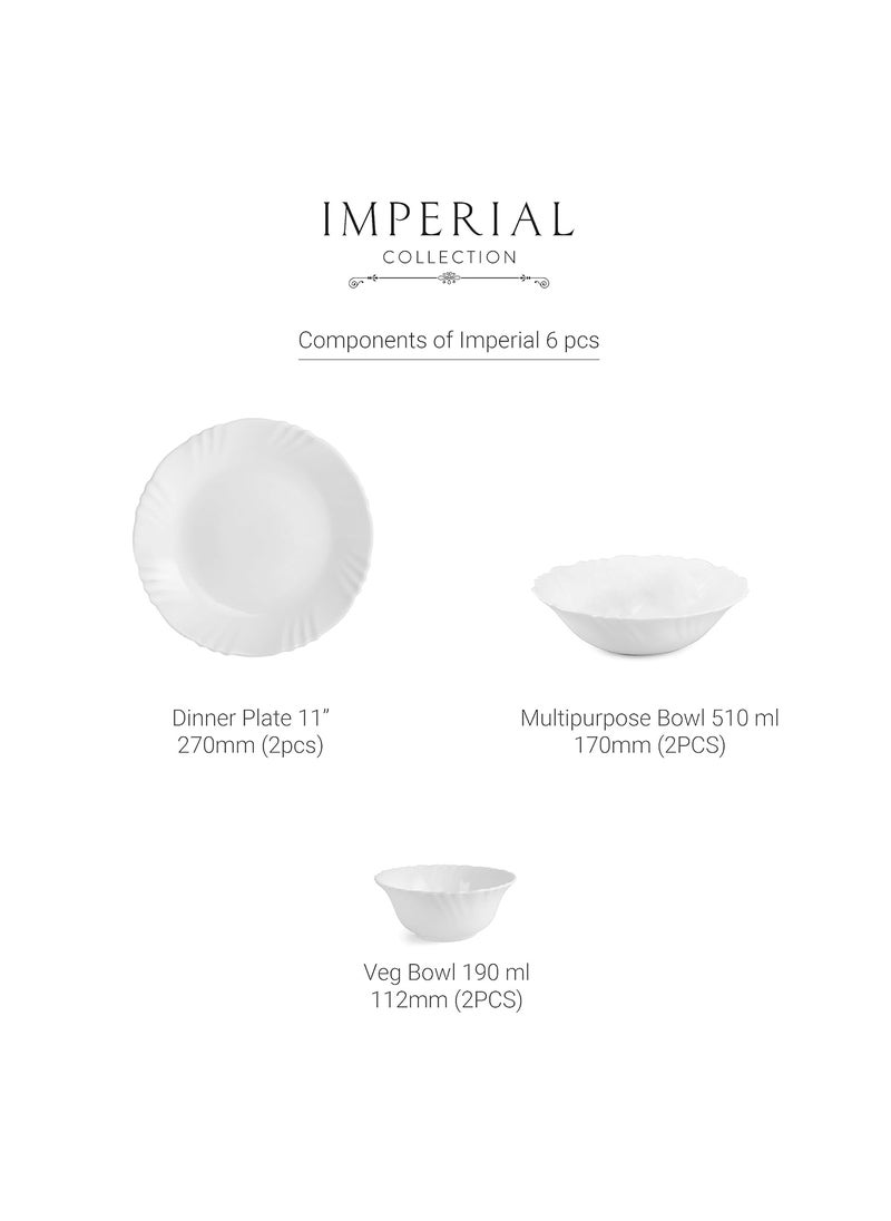 Cello Opalware Imperial Series Plain Dinner Set, 6Pcs | Opal Glass Dinner Set of 6 | Light-Weight, Daily Use Crockery Set for Dining | White Plate and Bowl Set