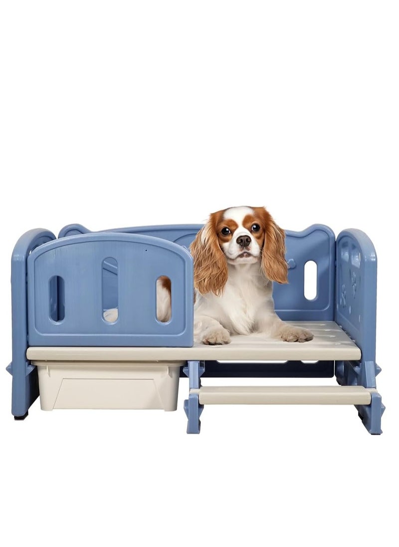 Dog bed with Ladder, Anti-slip bottom, and storage box for small and medium-sized dogs, Plastic moisture-proof pet bed for all seasons, Comfortable dog bed 82 cm (Blue)