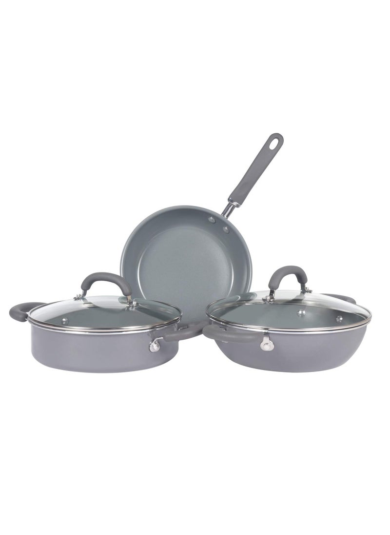 Meyer Anzen Healthy Ceramic Coated Cookware 5-Piece Set - 20cm Frypan + 20cm Kadai with Interchangeable Lid+ 24cm Sauteuse with Lid +