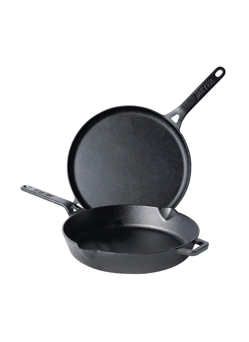 Meyer Pre-Seasoned Cast Iron 2 Piece Cookware Set - 26cm Fry pan + 28cm Flat Dosa Tawa | Induction Cookware Set Combo Offer | Cast Iron Utensils for Cooking | Cast Iron Set Kitchen, Black