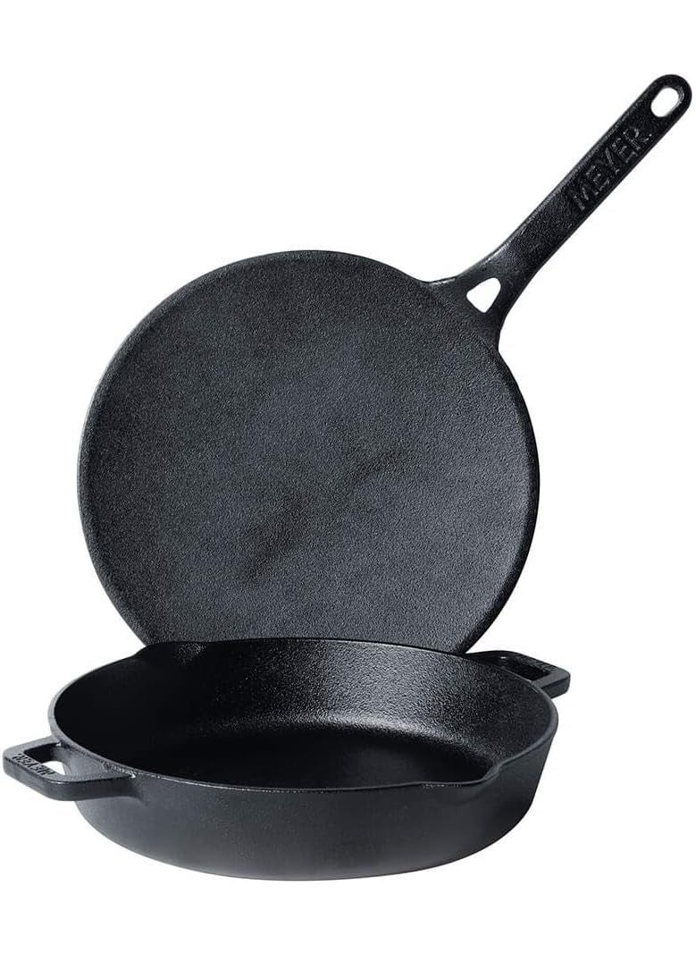 Meyer Pre-Seasoned Cast Iron 2 Piece Cookware Set - 26cm Fry pan + 28cm Flat Dosa Tawa | Induction Cookware Set Combo Offer | Cast Iron Utensils for Cooking | Cast Iron Set Kitchen, Black