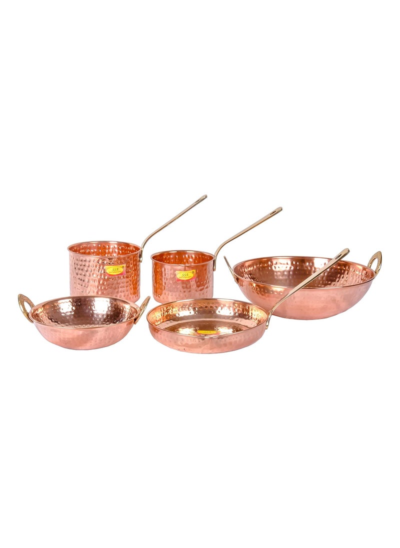 Shiv Shakti Arts® Pure Copper Cookware Set 5 Piece Set (Copper Sauce Pan Set | Copper Kadhai Set | Copper Fry Pan) with Brass Handle for Cooking Purpose