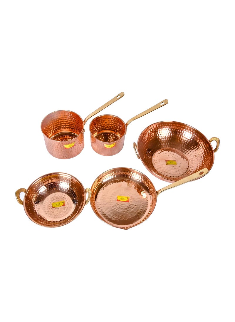 Shiv Shakti Arts® Pure Copper Cookware Set 5 Piece Set (Copper Sauce Pan Set | Copper Kadhai Set | Copper Fry Pan) with Brass Handle for Cooking Purpose