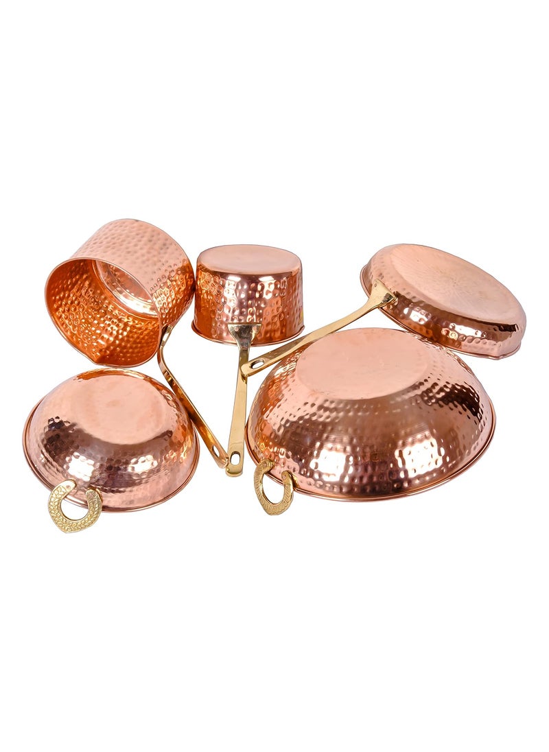 Shiv Shakti Arts® Pure Copper Cookware Set 5 Piece Set (Copper Sauce Pan Set | Copper Kadhai Set | Copper Fry Pan) with Brass Handle for Cooking Purpose