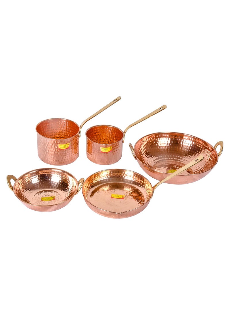 Shiv Shakti Arts® Pure Copper Cookware Set 5 Piece Set (Copper Sauce Pan Set | Copper Kadhai Set | Copper Fry Pan) with Brass Handle for Cooking Purpose