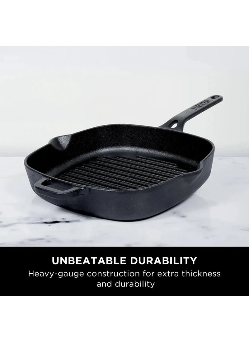 Meyer Pre-Seasoned Cast Iron 2 Piece Cookware Set - 26cm Cast Iron Roti Tawa + 25cm Cast Iron Grill pan | Iron Utensils for Cooking | Cast Iron Cookware Combo Offer, Black