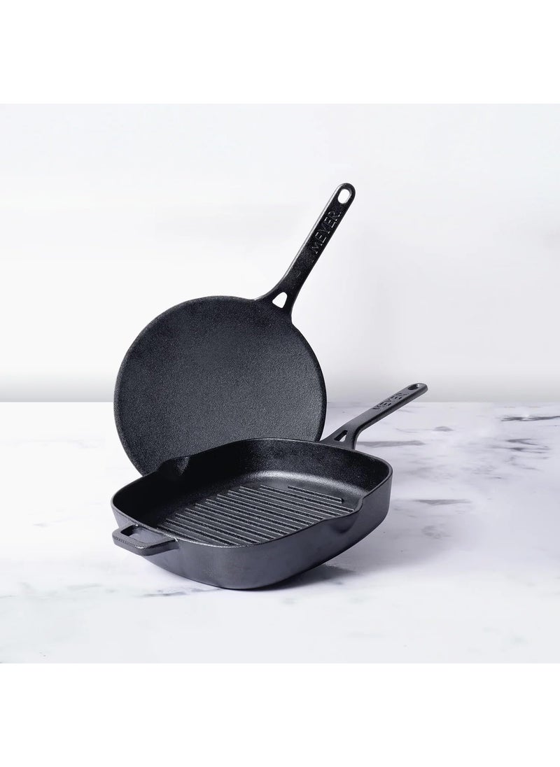 Meyer Pre-Seasoned Cast Iron 2 Piece Cookware Set - 26cm Cast Iron Roti Tawa + 25cm Cast Iron Grill pan | Iron Utensils for Cooking | Cast Iron Cookware Combo Offer, Black