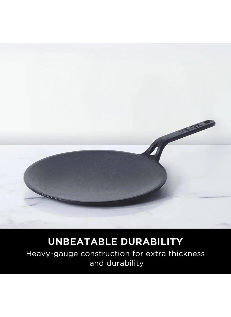 Meyer Pre-Seasoned Cast Iron 2 Piece Cookware Set - 26cm Cast Iron Roti Tawa + 25cm Cast Iron Grill pan | Iron Utensils for Cooking | Cast Iron Cookware Combo Offer, Black