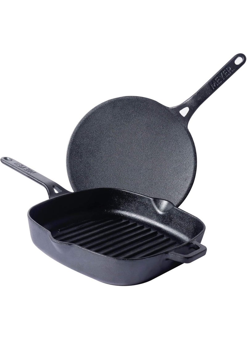 Meyer Pre-Seasoned Cast Iron 2 Piece Cookware Set - 26cm Cast Iron Roti Tawa + 25cm Cast Iron Grill pan | Iron Utensils for Cooking | Cast Iron Cookware Combo Offer, Black