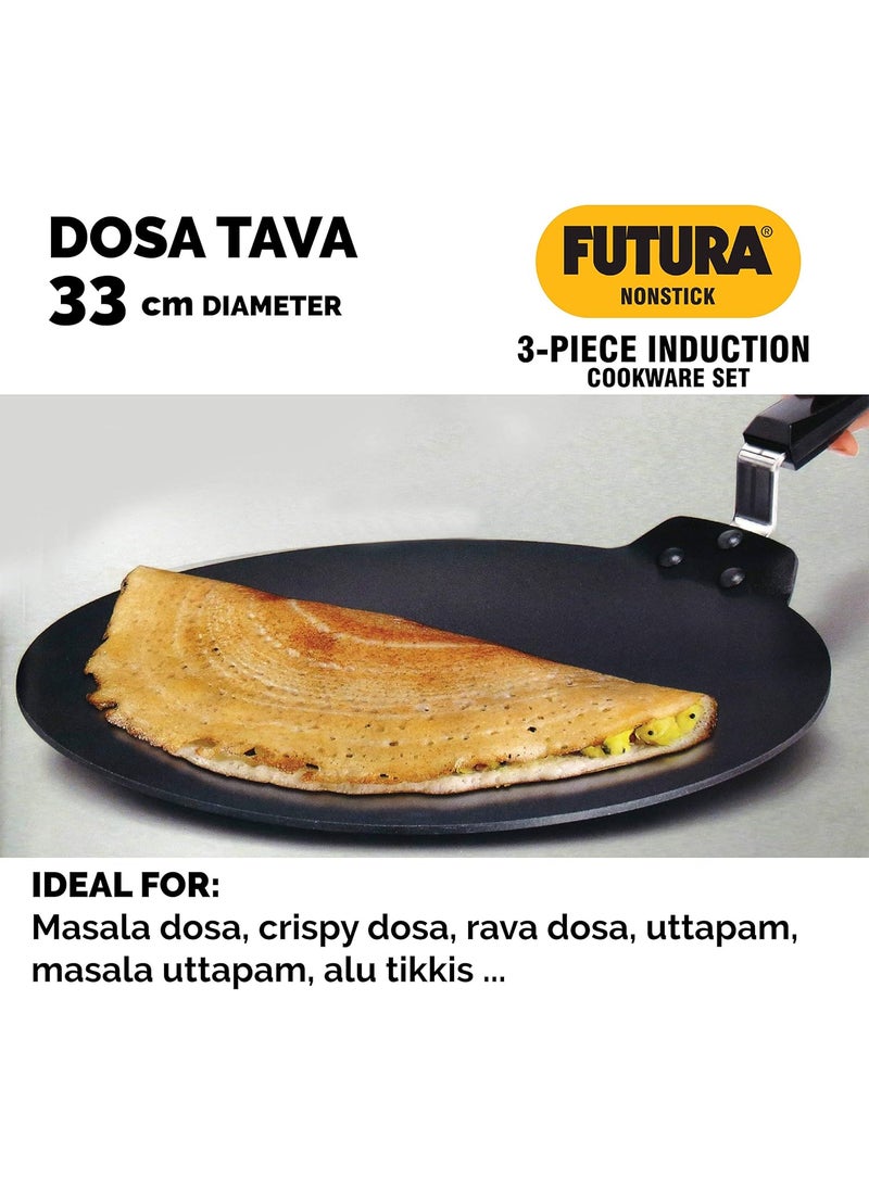 Hawkins Futura 3 Pieces Cookware Set 7 - Non Stick Dosa Tava, Frying Pan, Kadhai and Two Stainless Steel Lids, Black (NSET7)