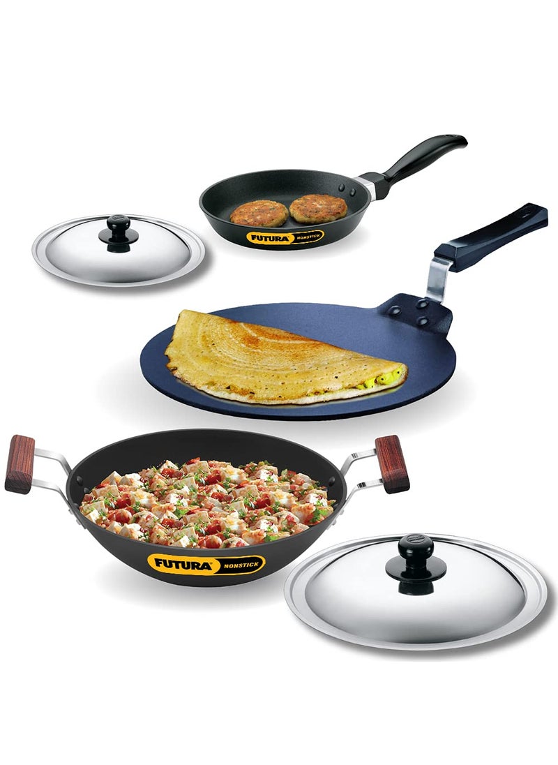 Hawkins Futura 3 Pieces Cookware Set 7 - Non Stick Dosa Tava, Frying Pan, Kadhai and Two Stainless Steel Lids, Black (NSET7)