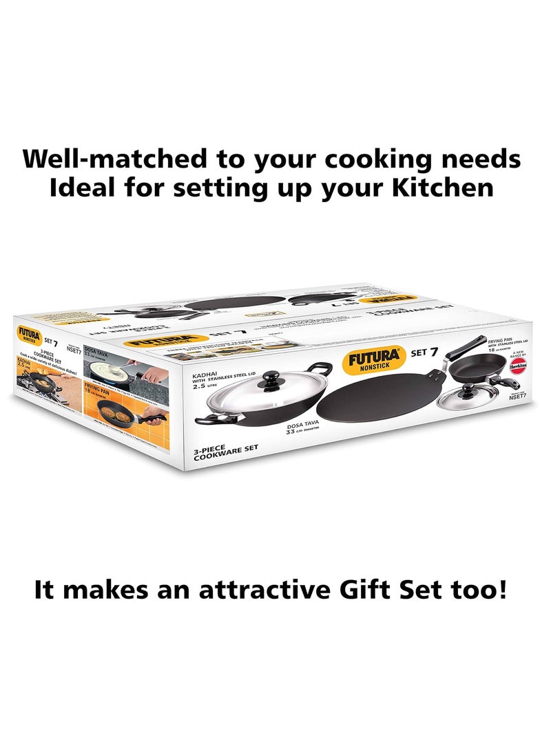 Hawkins Futura 3 Pieces Cookware Set 7 - Non Stick Dosa Tava, Frying Pan, Kadhai and Two Stainless Steel Lids, Black (NSET7)