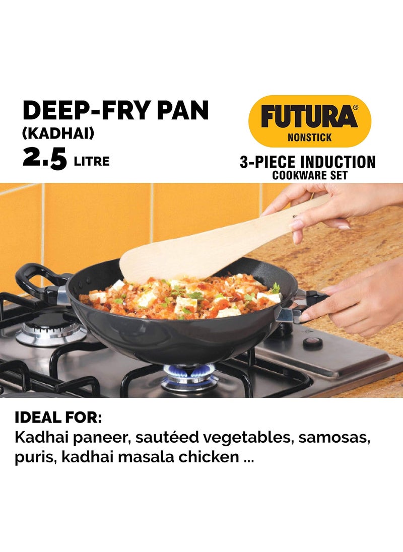 Hawkins Futura 3 Pieces Cookware Set 7 - Non Stick Dosa Tava, Frying Pan, Kadhai and Two Stainless Steel Lids, Black (NSET7)