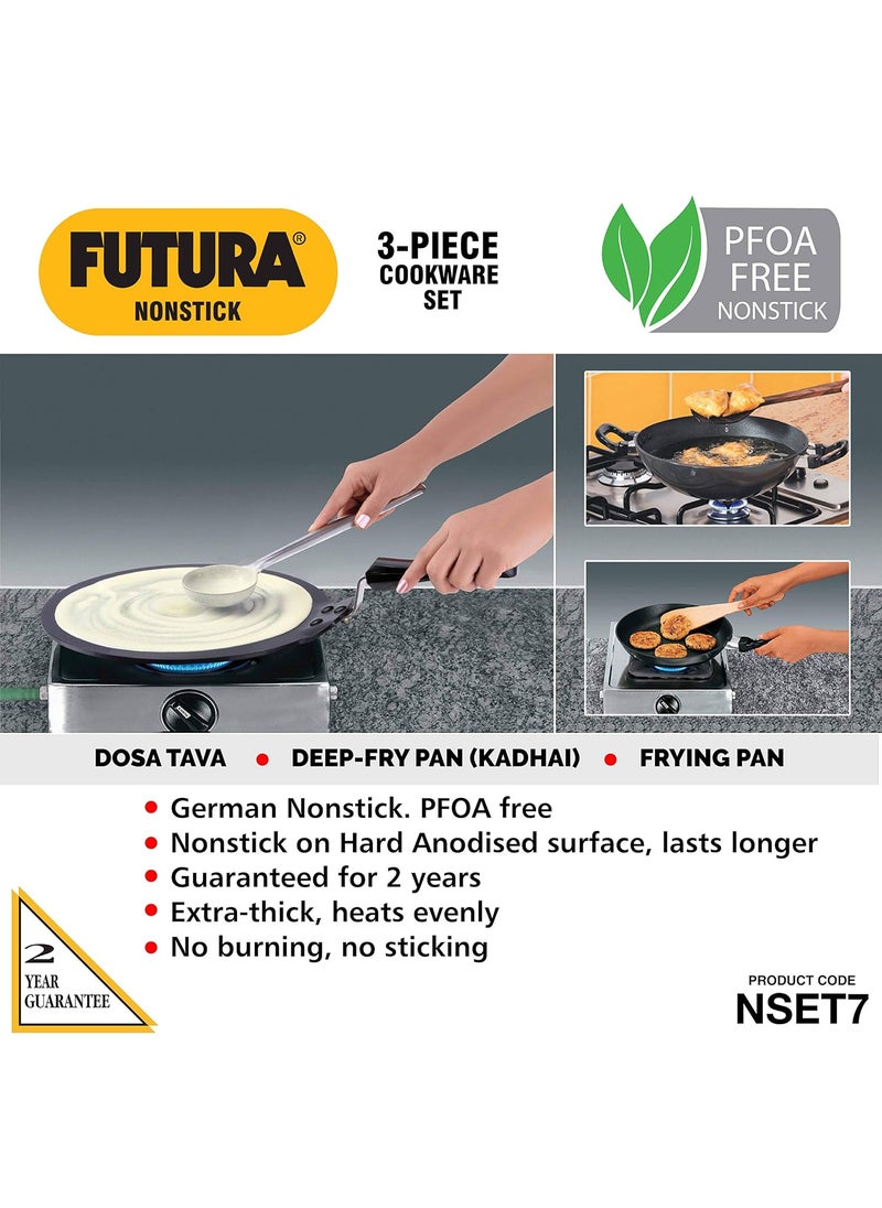 Hawkins Futura 3 Pieces Cookware Set 7 - Non Stick Dosa Tava, Frying Pan, Kadhai and Two Stainless Steel Lids, Black (NSET7)