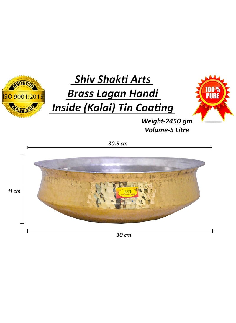 Shiv Shakti Arts Pure Brass Hammered Lagan Handi Chaffing Dish Pan with Tin Lining, Cookware and Serveware,5 litres, Yellow