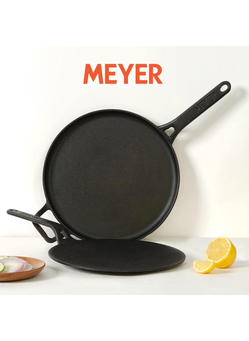 Meyer Pre-Seasoned Cast Iron Cookware Set - 28cm Flat Dosa Tawa + 26cm Roti Tawa | Set Combo Offer for Kitchen | Iron Utensils for Cooking | Induction Cookware Set, Black