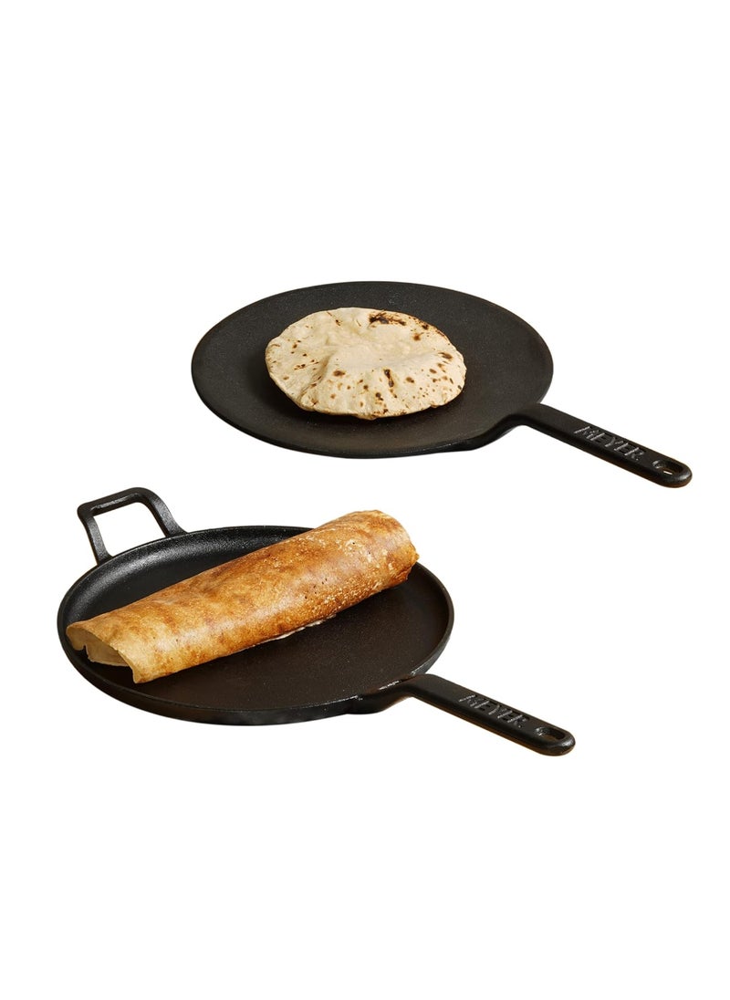 Meyer Pre-Seasoned Cast Iron Cookware Set - 28cm Flat Dosa Tawa + 26cm Roti Tawa | Set Combo Offer for Kitchen | Iron Utensils for Cooking | Induction Cookware Set, Black