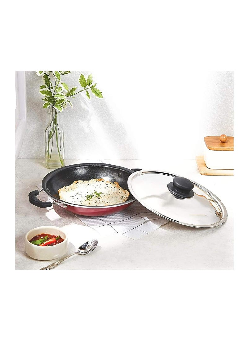 Bahurani Kitchen Star Appachetty Non-Stick Aluminium Appachatti with Stainless Steel lid, 2.6mm, Red/Black, 23cm, Gas Compatible