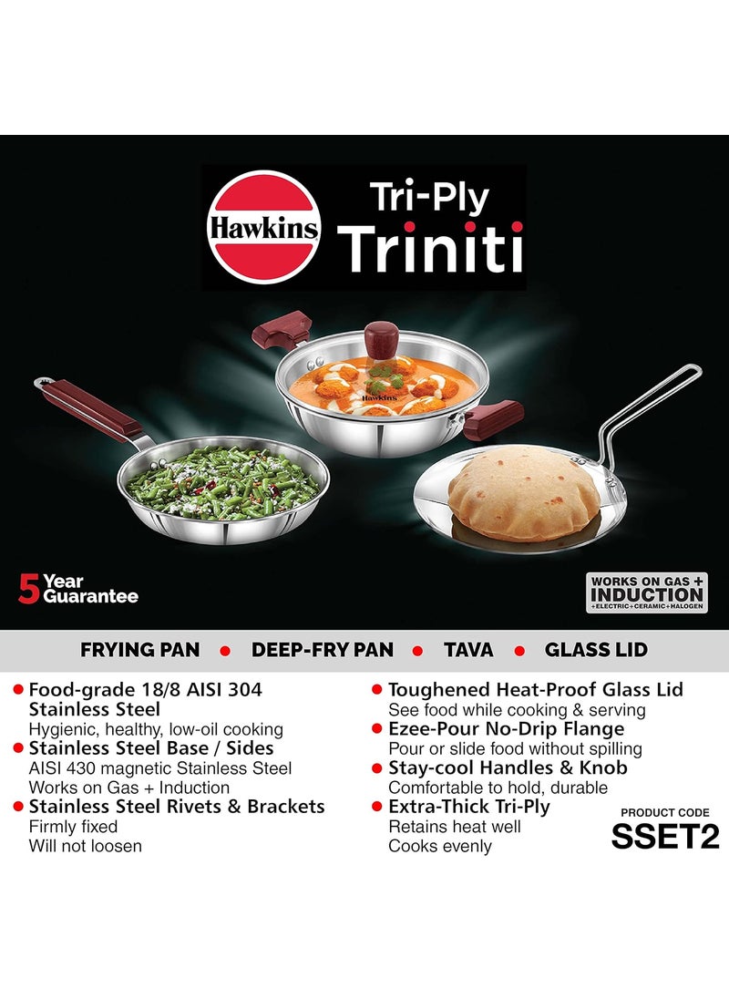 Hawkins Triniti 3 Pieces Triply Stainless Steel Cookware Set 2 - Frying Pan, Tava, Deep-Fry Pan with Glass Lid, Silver (SSET2)