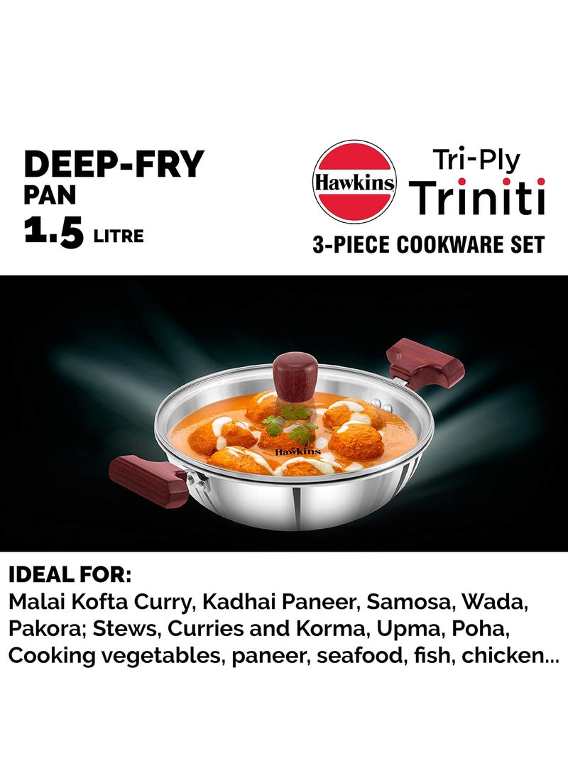 Hawkins Triniti 3 Pieces Triply Stainless Steel Cookware Set 2 - Frying Pan, Tava, Deep-Fry Pan with Glass Lid, Silver (SSET2)