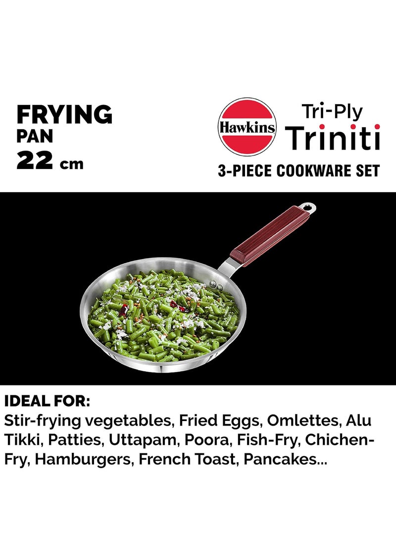 Hawkins Triniti 3 Pieces Triply Stainless Steel Cookware Set 2 - Frying Pan, Tava, Deep-Fry Pan with Glass Lid, Silver (SSET2)