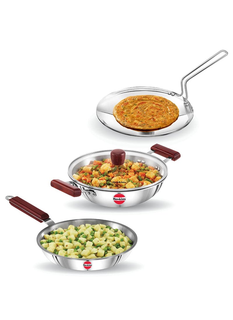 Hawkins Triniti 3 Pieces Triply Stainless Steel Cookware Set 2 - Frying Pan, Tava, Deep-Fry Pan with Glass Lid, Silver (SSET2)