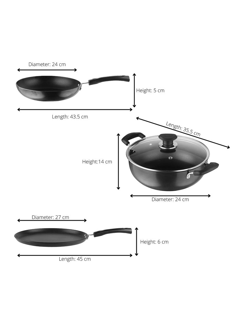 Vinod Hanos Non Stick Cookware Combo Set of 3 | 3.1 Litre Kadhai and 24cm Frypan with Common Glass Lid, 27cm Dosa Tawa | Scratch Proof | Induction & Gas Base | 2 Year Warranty