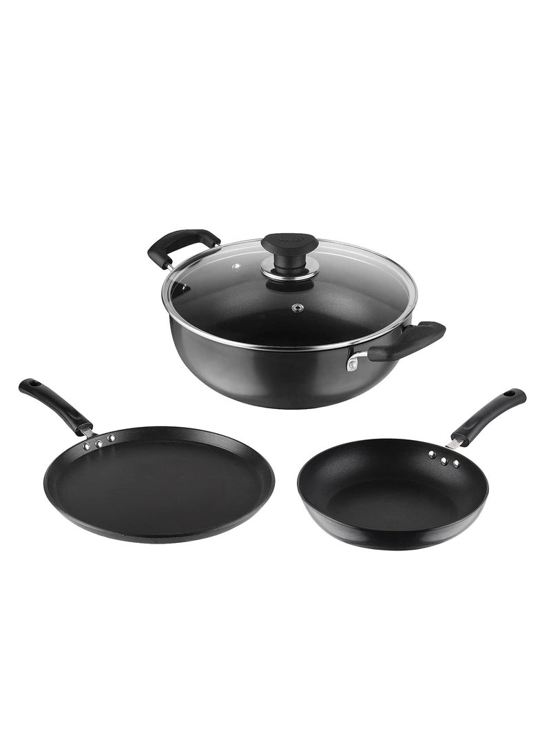 Vinod Hanos Non Stick Cookware Combo Set of 3 | 3.1 Litre Kadhai and 24cm Frypan with Common Glass Lid, 27cm Dosa Tawa | Scratch Proof | Induction & Gas Base | 2 Year Warranty