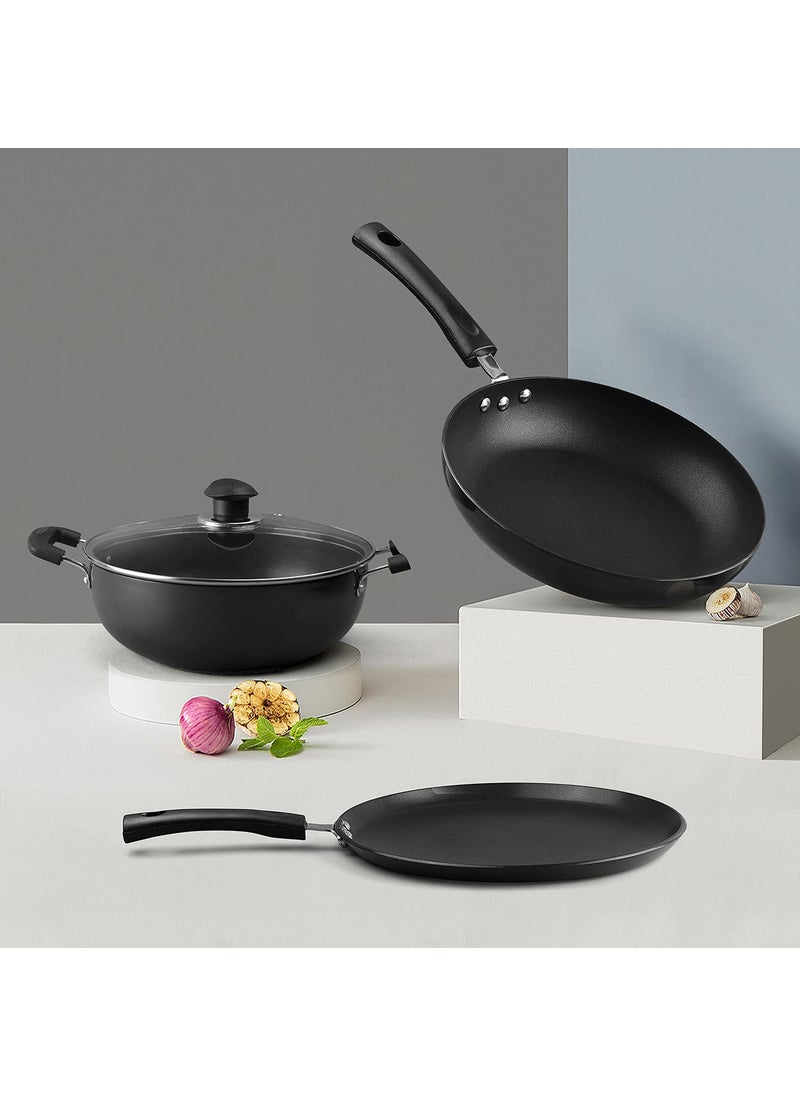 Vinod Hanos Non Stick Cookware Combo Set of 3 | 3.1 Litre Kadhai and 24cm Frypan with Common Glass Lid, 27cm Dosa Tawa | Scratch Proof | Induction & Gas Base | 2 Year Warranty