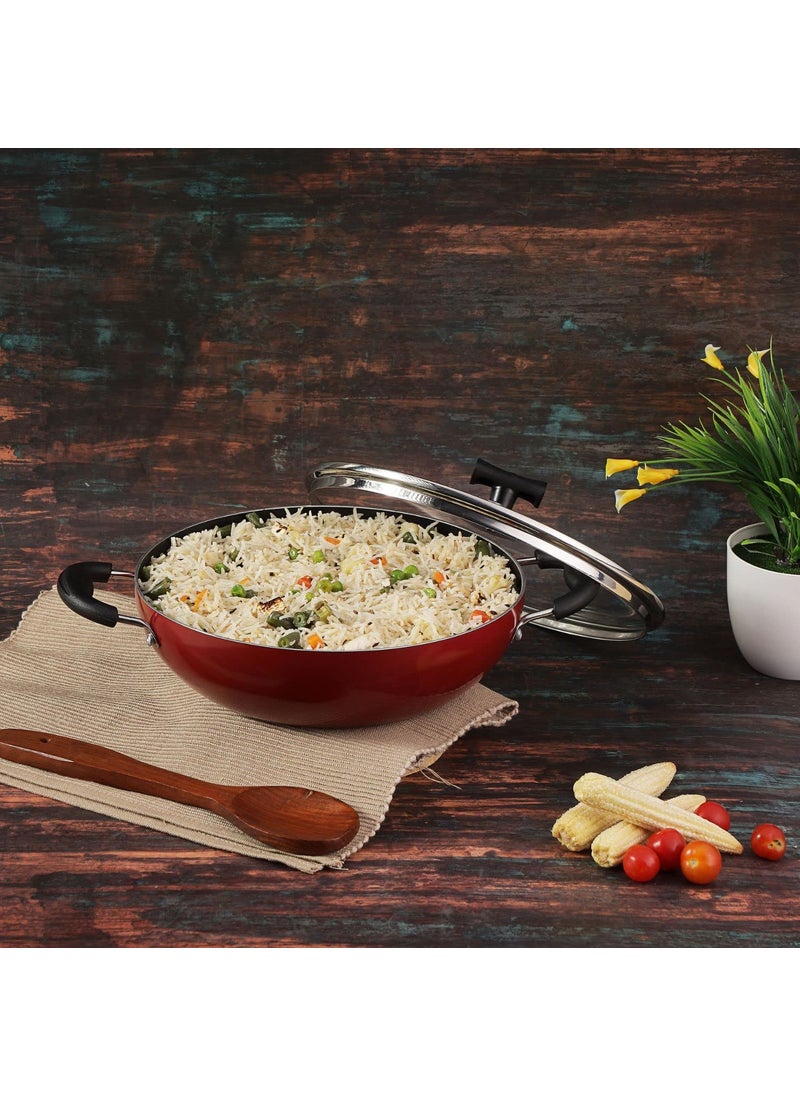 Vinod Popular Aluminium Non Stick Cookware Set Of 3|2.5 Litre Kadhai, 24 Cm Frypan With Common Glass Lid And 25Cm Dosa Tawa|3Mm Thick|Induction & Gas Base|2 Year Warranty, Red