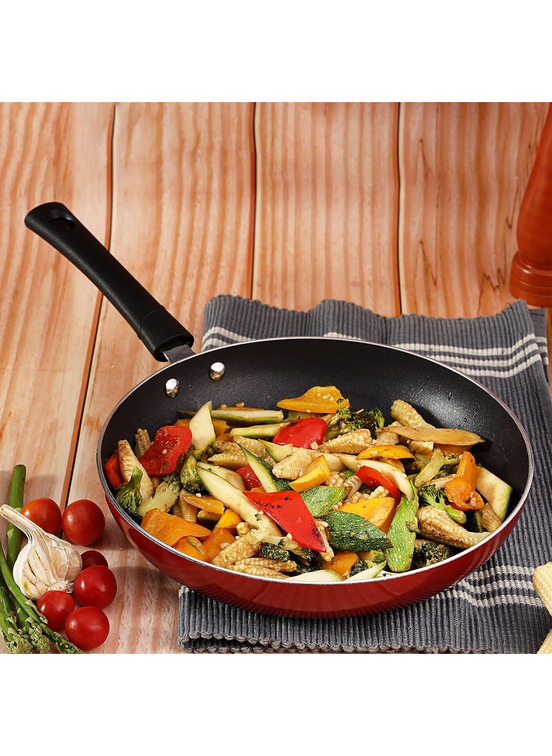 Vinod Popular Aluminium Non Stick Cookware Set Of 3|2.5 Litre Kadhai, 24 Cm Frypan With Common Glass Lid And 25Cm Dosa Tawa|3Mm Thick|Induction & Gas Base|2 Year Warranty, Red