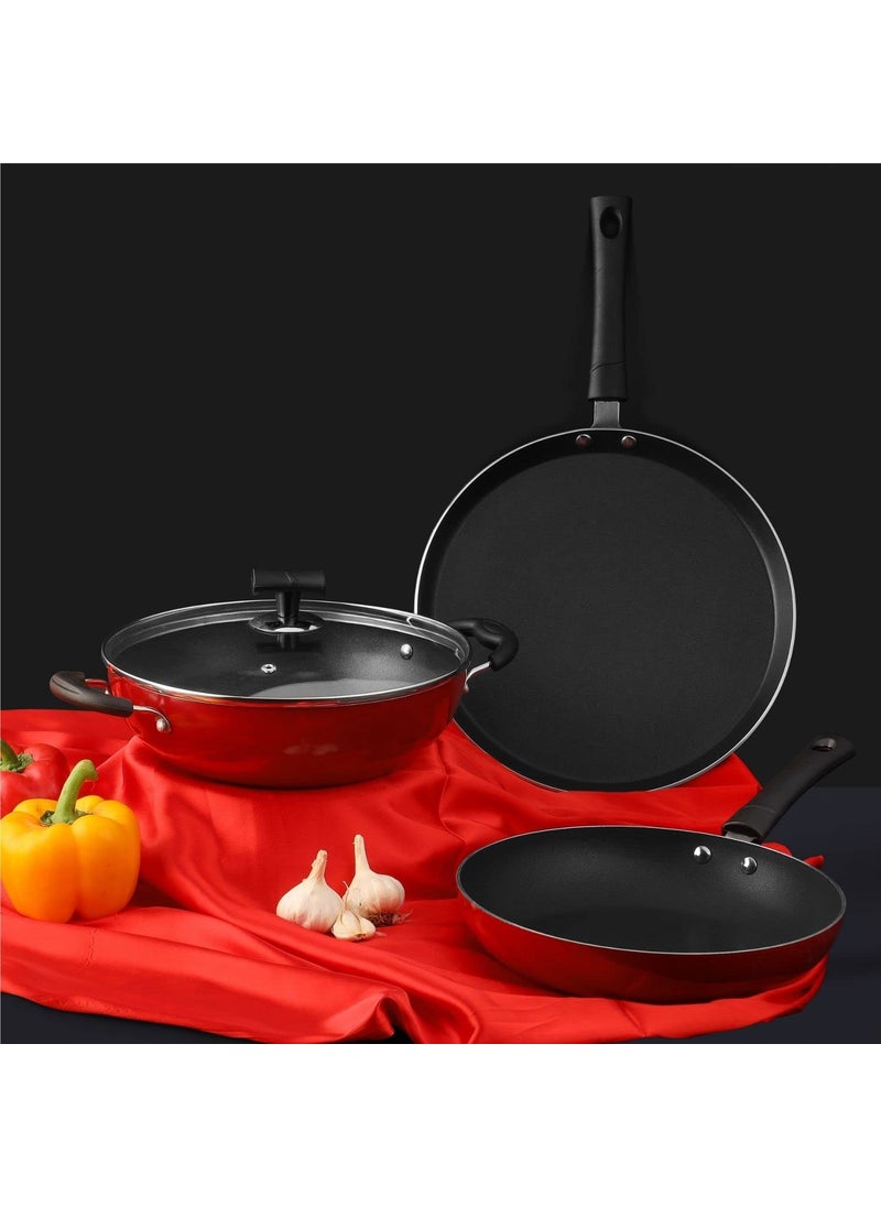Vinod Popular Aluminium Non Stick Cookware Set Of 3|2.5 Litre Kadhai, 24 Cm Frypan With Common Glass Lid And 25Cm Dosa Tawa|3Mm Thick|Induction & Gas Base|2 Year Warranty, Red