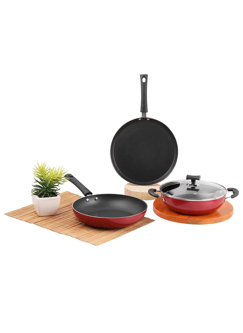 Vinod Popular Aluminium Non Stick Cookware Set Of 3|2.5 Litre Kadhai, 24 Cm Frypan With Common Glass Lid And 25Cm Dosa Tawa|3Mm Thick|Induction & Gas Base|2 Year Warranty, Red